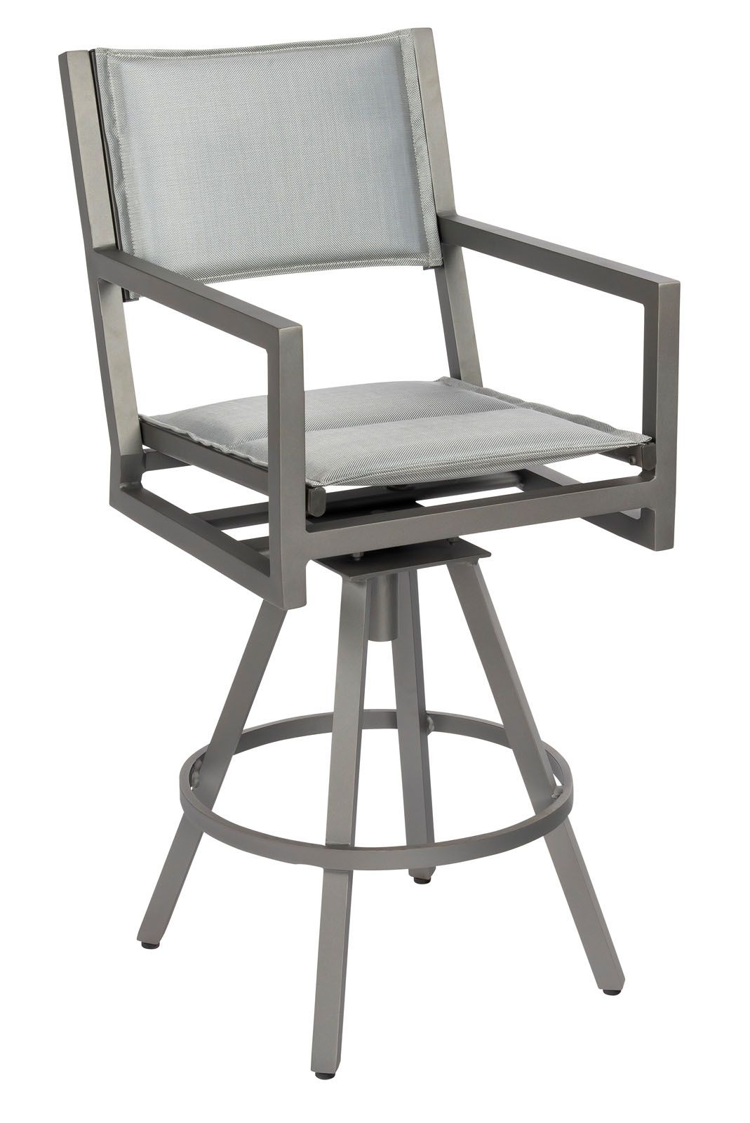 Woodard Palm Coast Padded Sling Swivel Bar Stool with Arms, Aged Teak, Augustine Alloy (Grade A), Grade A Fabric, Garden Chairs, Bar Stools, Palm Coast, Aluminum, Bar Stools, Rectangular, Outdoor