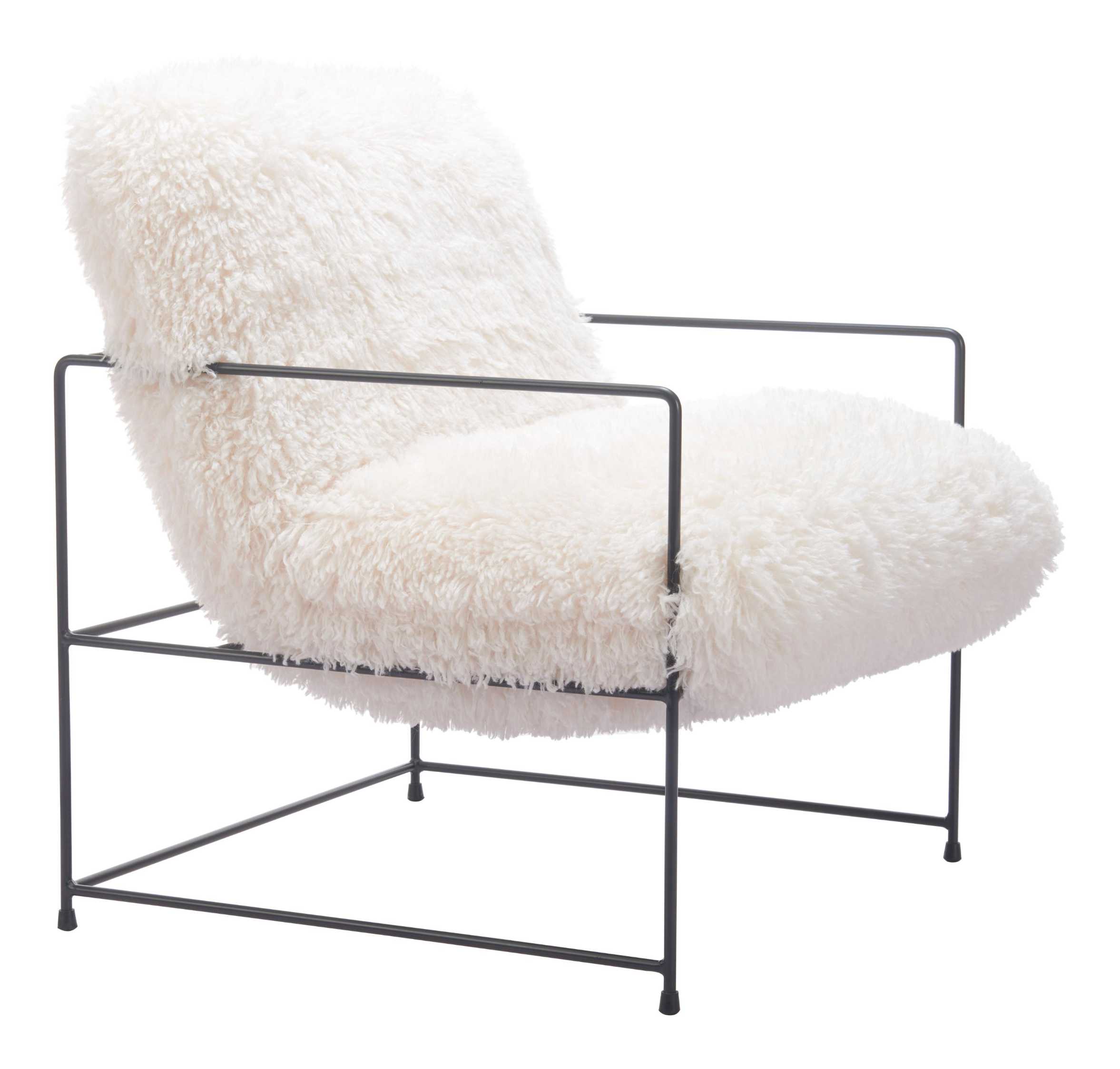 Zuo Modern Pelut Accent Chair White, Accent Chairs, Faux Fur, Plywood, Polyester, Steel, Square, 4 Legs, Indoor