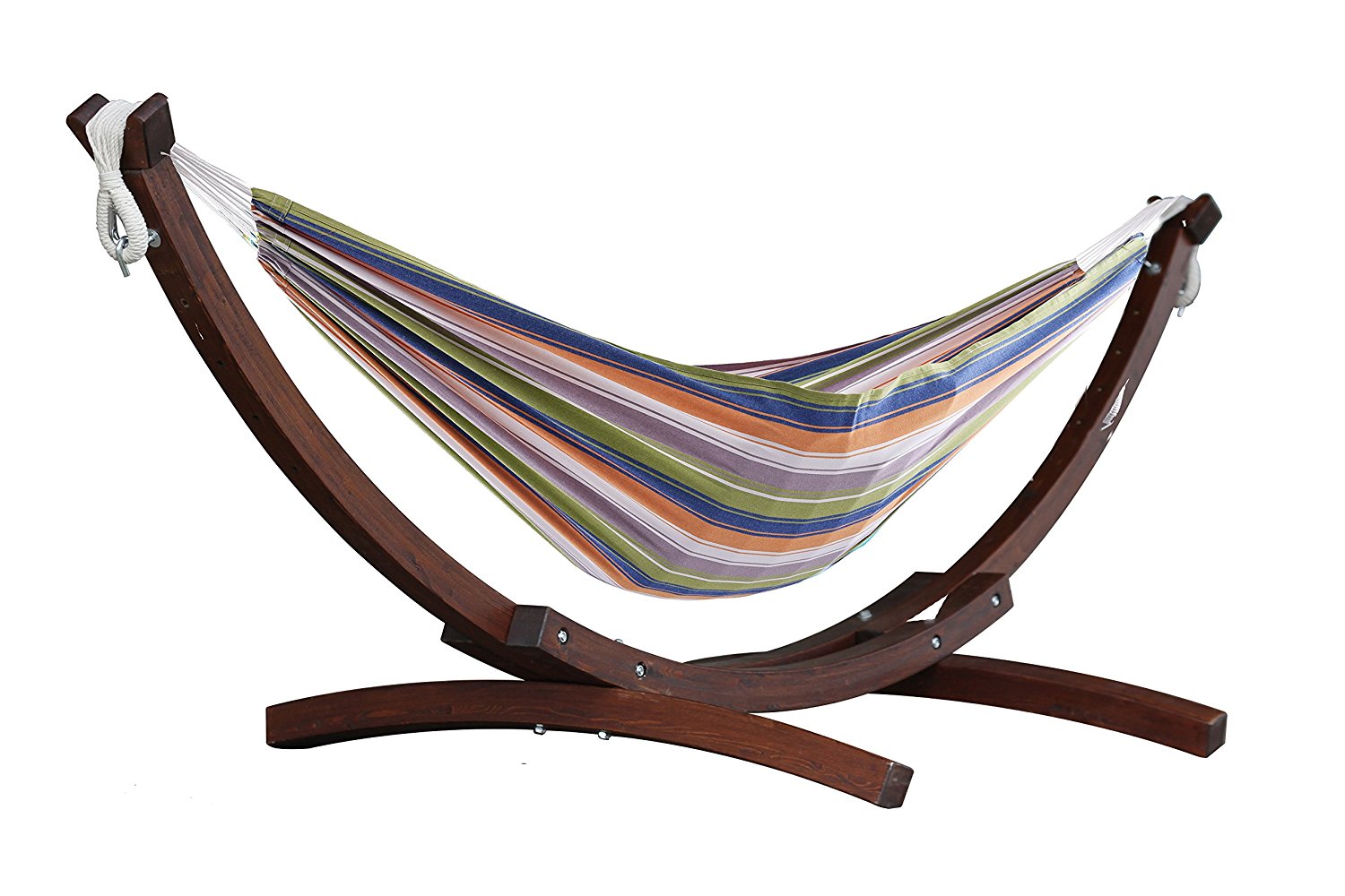 Vivere Double Cotton Hammock with Solid Pine Arc Stand - Cayo Reef/Retro/Natural with Fringe (8ft)