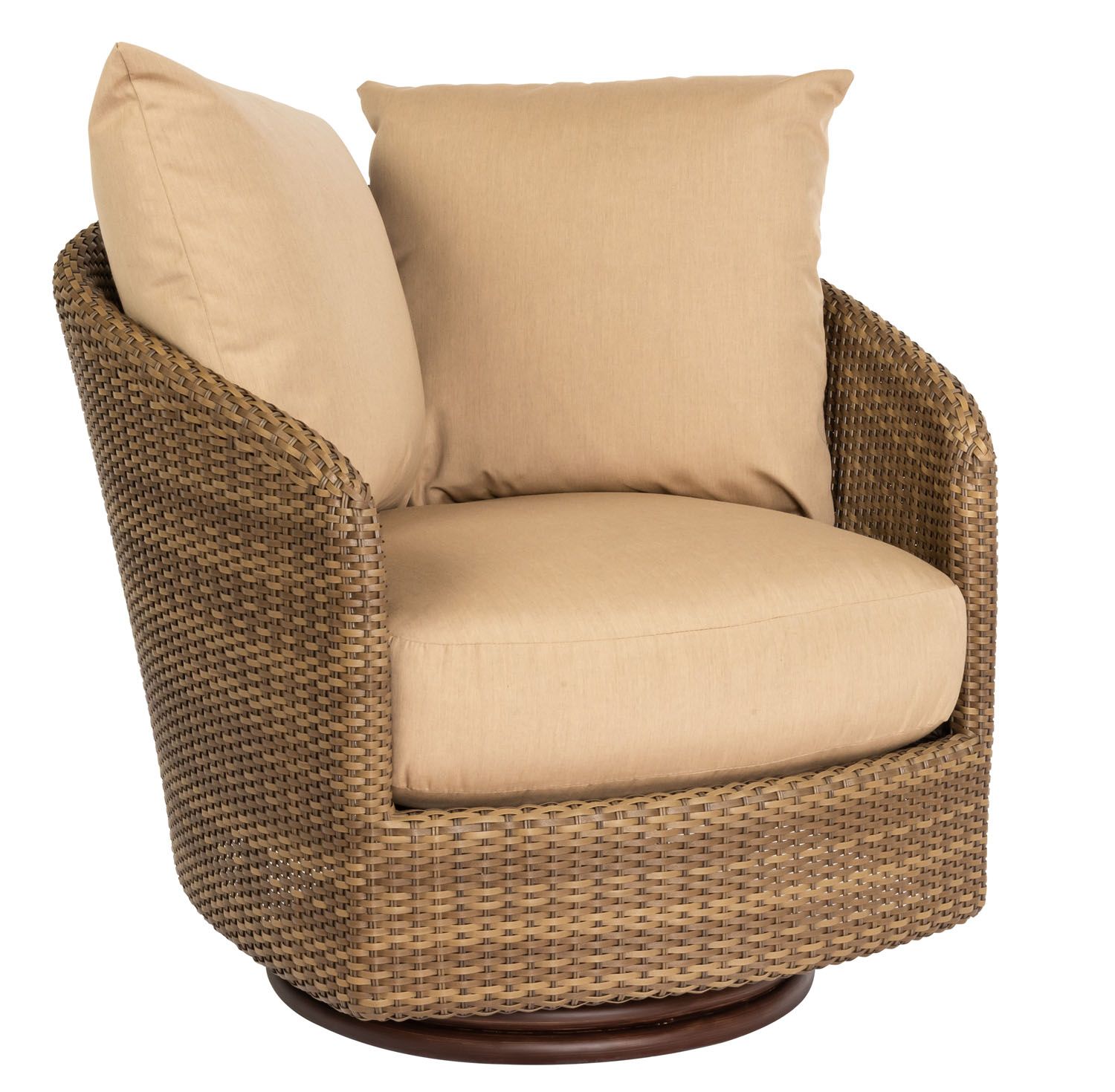 Woodard Saddleback Swivel Bucket Lounge Chair, Mocha, Beach Bum Creamsicle (Grade A), Grade A Fabric, Garden Chairs, Lounge Chairs, Saddleback, Wicker, Lounge Chairs, Rectangular, Outdoor
