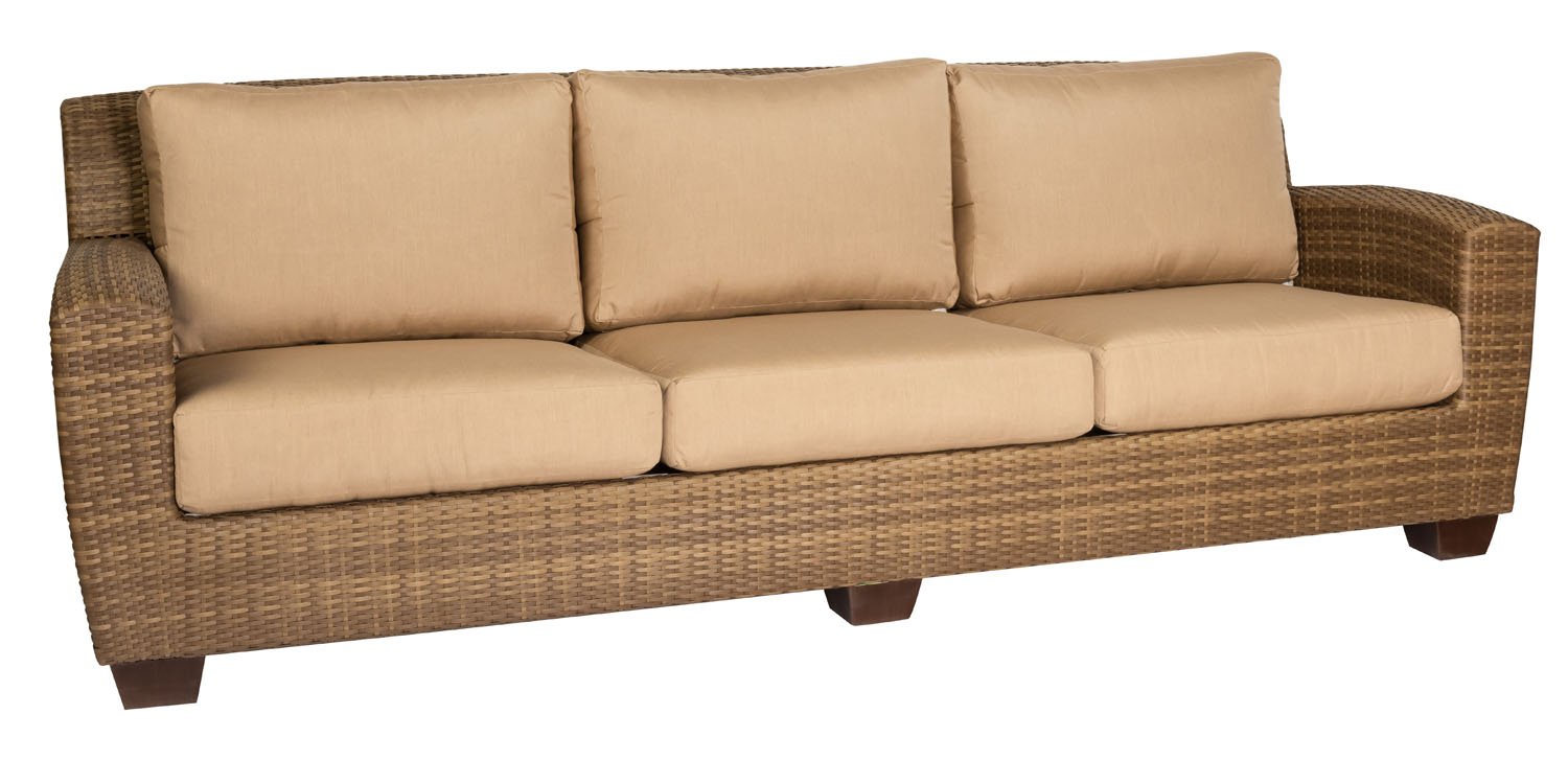 Woodard Saddleback Sofa, Mocha, Beach Bum Creamsicle (Grade A), Grade A Fabric, Garden Chairs, Sofa, Saddleback, Wicker, Sofas and Loveseats, Rectangular, Outdoor
