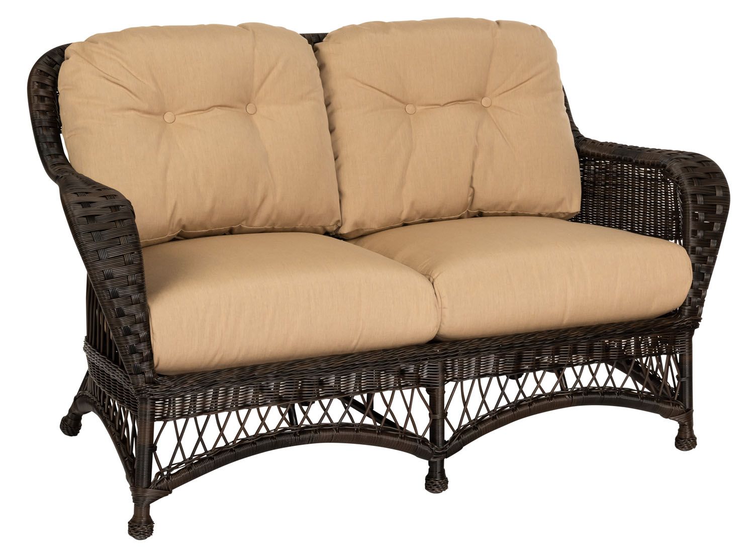 Woodard Sommerwind Love Seat, Chocolate, Beach Bum Creamsicle (Grade A), Grade A Fabric, Garden Chairs, Loveseat, Sommerwind, Wicker, Loveseats, Curved, Outdoor