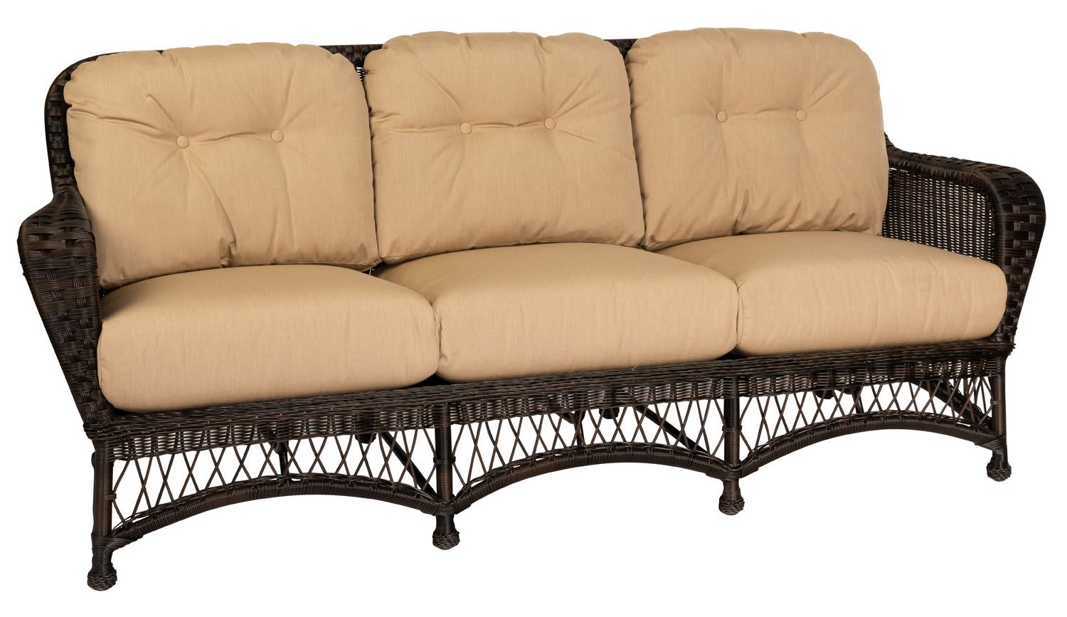 Woodard Sommerwind Sofa, Chocolate, Beach Bum Creamsicle (Grade A), Grade A Fabric, Garden Chairs, Sofa, Sommerwind, Wicker, Sofas and Loveseats, Curved, Outdoor