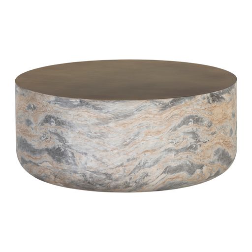 Sunpan Diaz Coffee Table in Grey-Wood Grain Brown / Marble-Look Antique Brass
