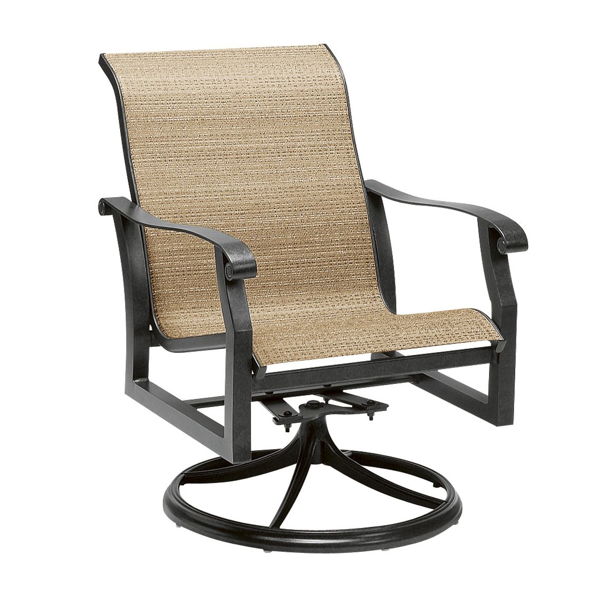 Woodard Cortland Sling Swivel Rocking Dining Arm Chair, Aged Teak, Augustine Alloy (Grade A), Grade A Fabric, Rockers, Aluminum, Rectangular, Rocking Chair Legs, Outdoor