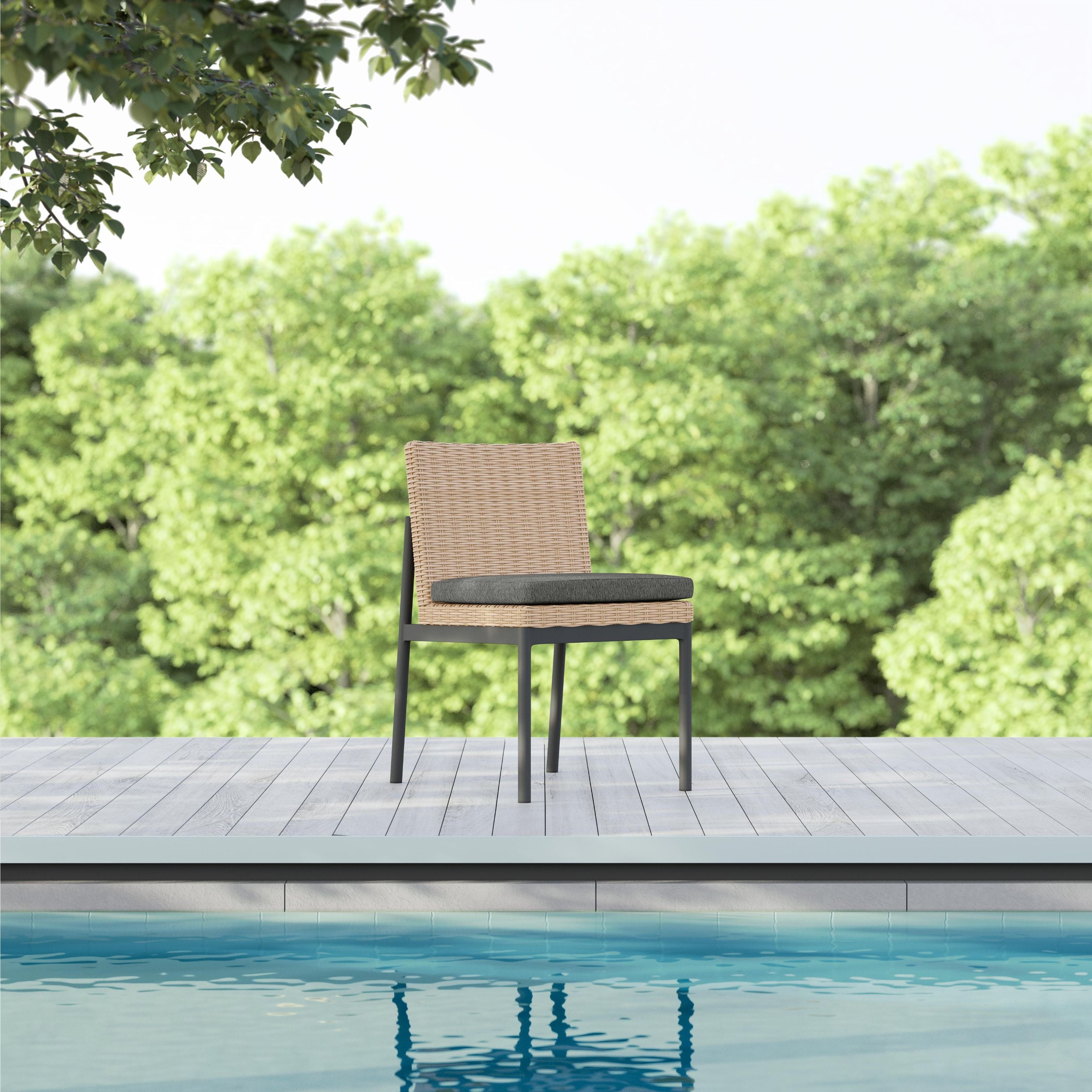 Azzurro Living Terra Armless Dining Chair With Matte Charcoal Aluminum Frame and Natural All-Weather Wicker