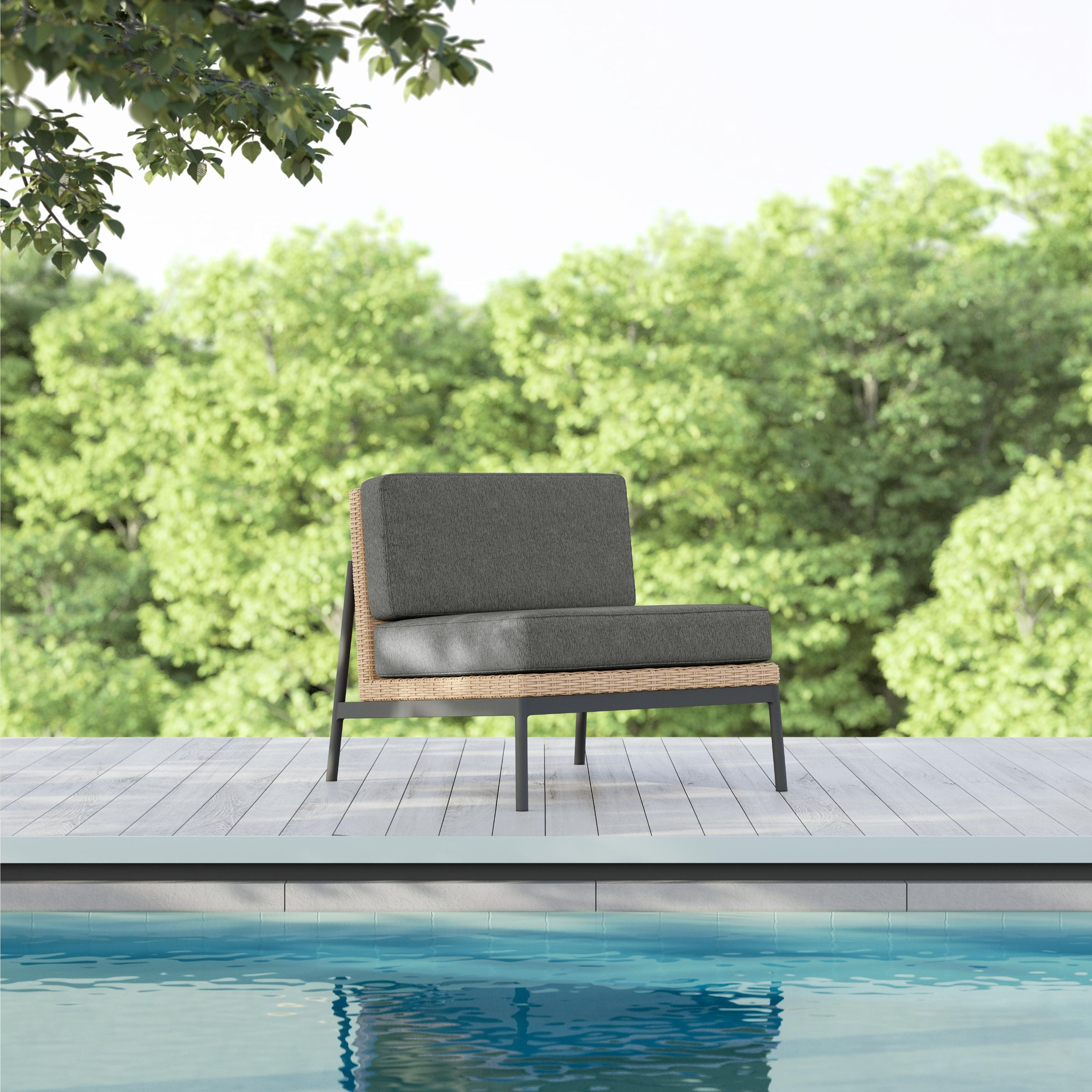 Azzurro Living Terra Club Chair In Matte Charcoal Aluminum And Natural All-Weather Wicker With Midnight Cushion