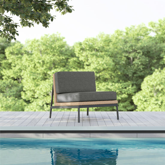 Azzurro Living Terra Club Chair In Matte Charcoal Aluminum And Natural All-Weather Wicker With Midnight Cushion