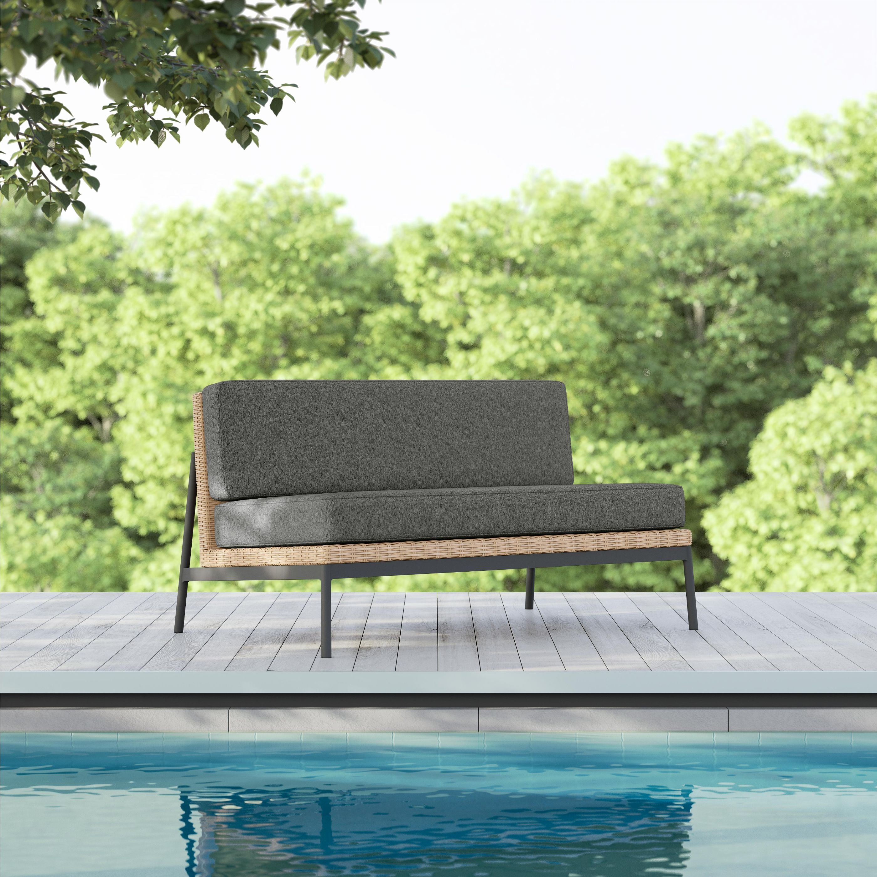 Azzurro Living Terra 2 Seat Sofa With Matte Charcoal Aluminum And Natural All-Weather Wicker With Midnight Cushion