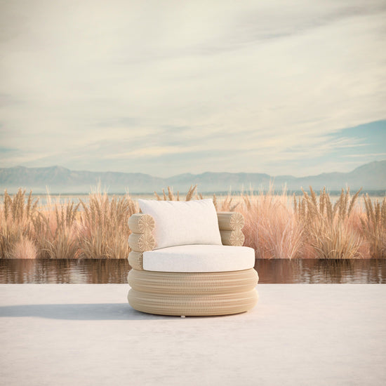 Azzurro Living Texoma Swivel Club Chair In Natural Aluminum And Almond All-Weather Wicker With Cloud Cushion