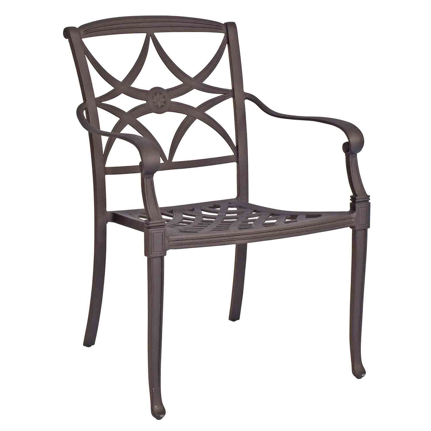 Woodard Wiltshire Dining Arm Chair with Optional Cushion - Stackable, Aged Teak, No Cushion, Grade A Fabric, Dining Chairs, Aluminum, Curved, 4 Legs, Outdoor