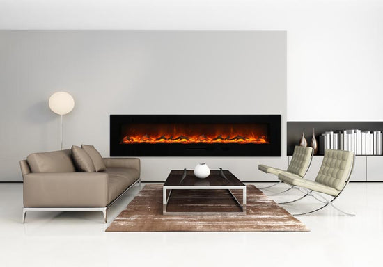Amantii 88" Flush Mount Fireplace with Black Glass Surround And Log Set