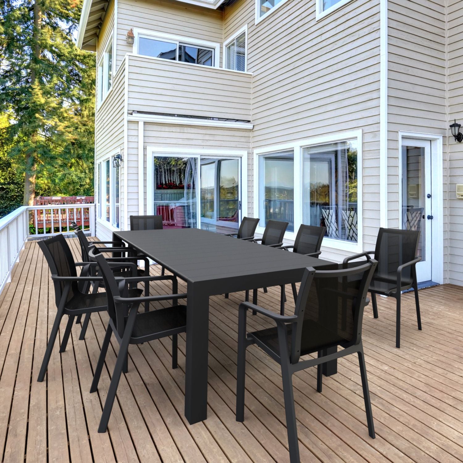 Compamia Pacific 11 Piece Dining set with Extension Table and Sling Arm Chairs Black, Dark Gray Frame Black Sling, Taupe Frame Taupe Sling, White Frame White Sling