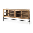 Mercana Arelius Light Brown Wood Black Metal Base with 4 Glass Cabinet Doors Sideboard