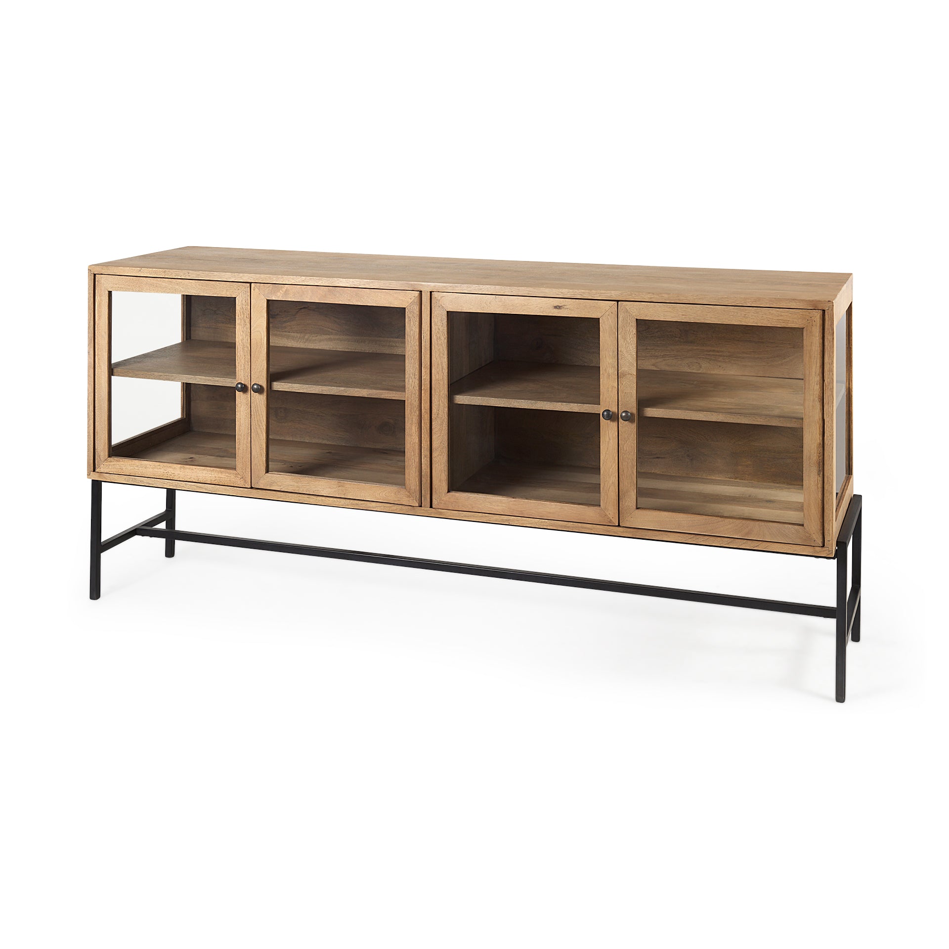 Mercana Arelius Light Brown Wood Black Metal Base with 4 Glass Cabinet Doors Sideboard
