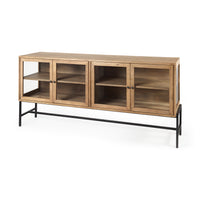 Mercana Arelius Light Brown Wood Black Metal Base with 4 Glass Cabinet Doors Sideboard