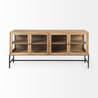 Mercana Arelius Light Brown Wood Black Metal Base with 4 Glass Cabinet Doors Sideboard
