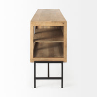 Mercana Arelius Light Brown Wood Black Metal Base with 4 Glass Cabinet Doors Sideboard