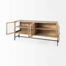 Mercana Arelius Light Brown Wood Black Metal Base with 4 Glass Cabinet Doors Sideboard