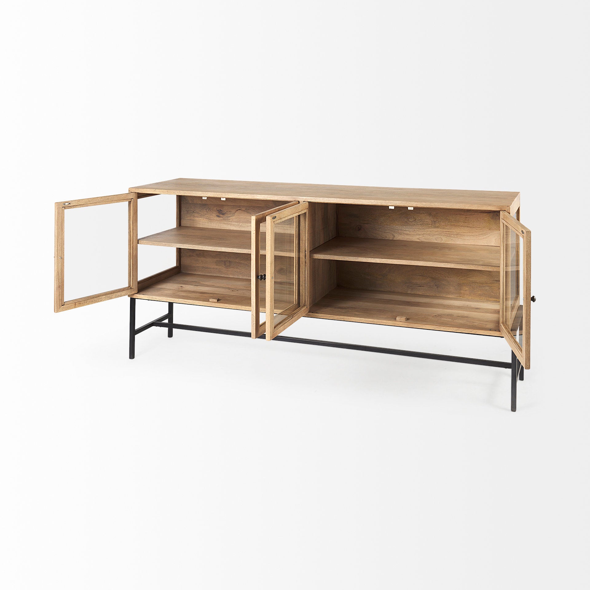 Mercana Arelius Light Brown Wood Black Metal Base with 4 Glass Cabinet Doors Sideboard