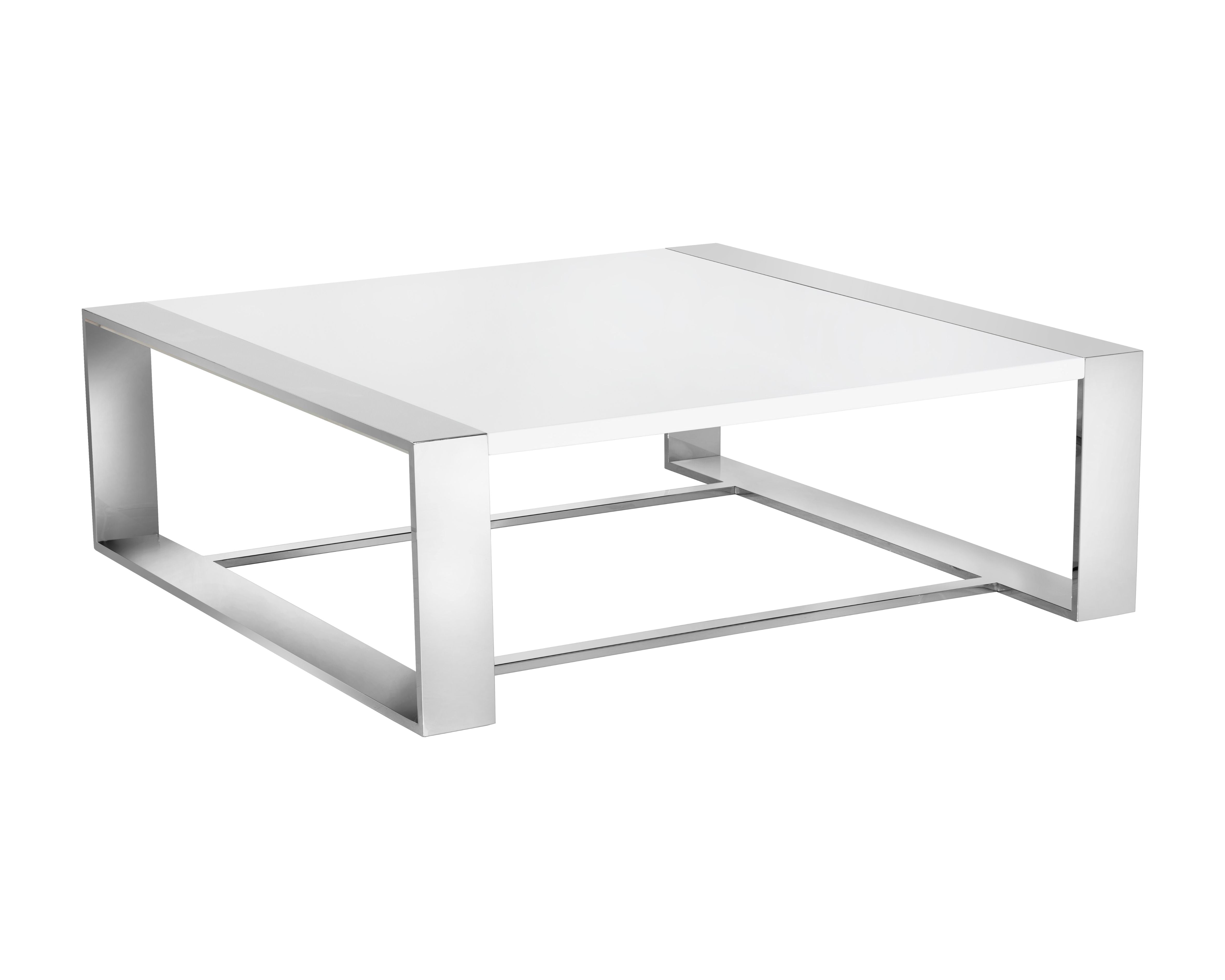 Sunpan Dalton Coffee Table - Square in High Gloss White and Stainless Steel Frame