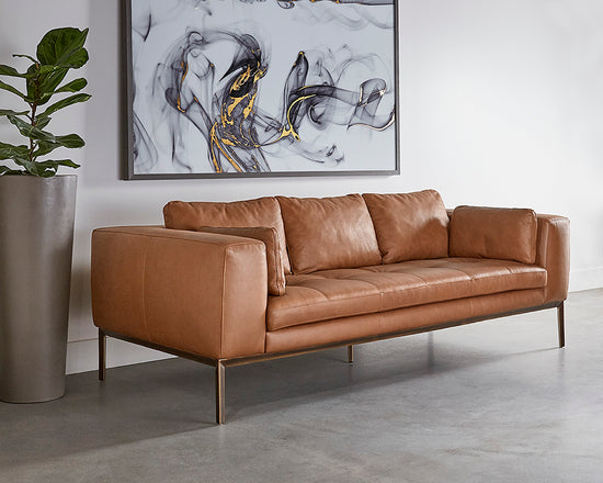 Sunpan Burr Sofa in Bali Bone / Behike Saddle / Serbia Black Leather
