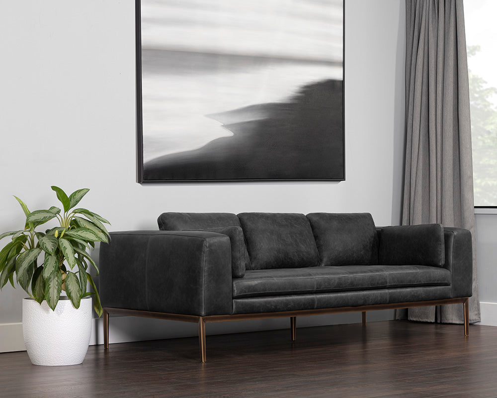 Sunpan Burr Sofa in Bali Bone / Behike Saddle / Serbia Black Leather