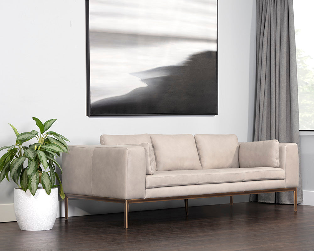 Sunpan Burr Sofa in Bali Bone / Behike Saddle / Serbia Black Leather