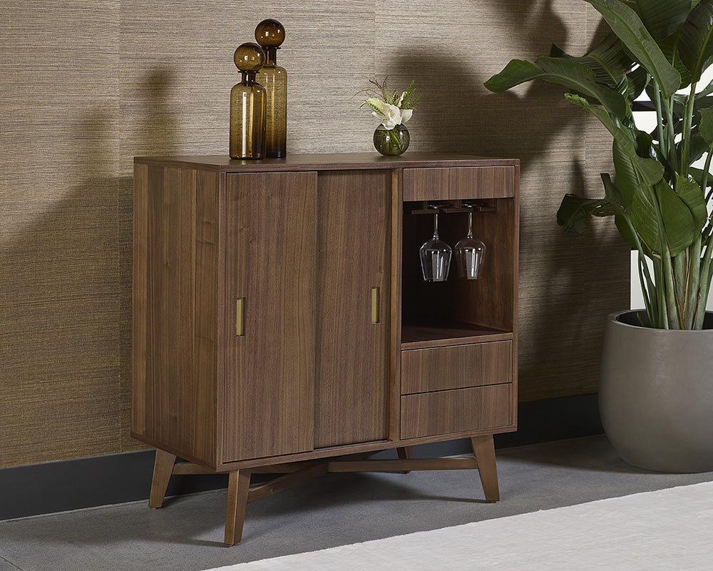Sunpan Caven Bar Cabinet In Light Oak/Walnut