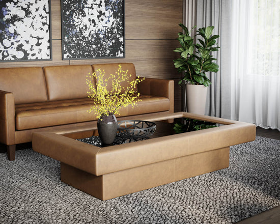 Sunpan Azelia Coffee Table in Camel Leather/Light Grey Leather