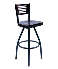 BFM Seating Espy Slotted Wood Back Swivel Barstool In Steel Frame And Sand Black Finish