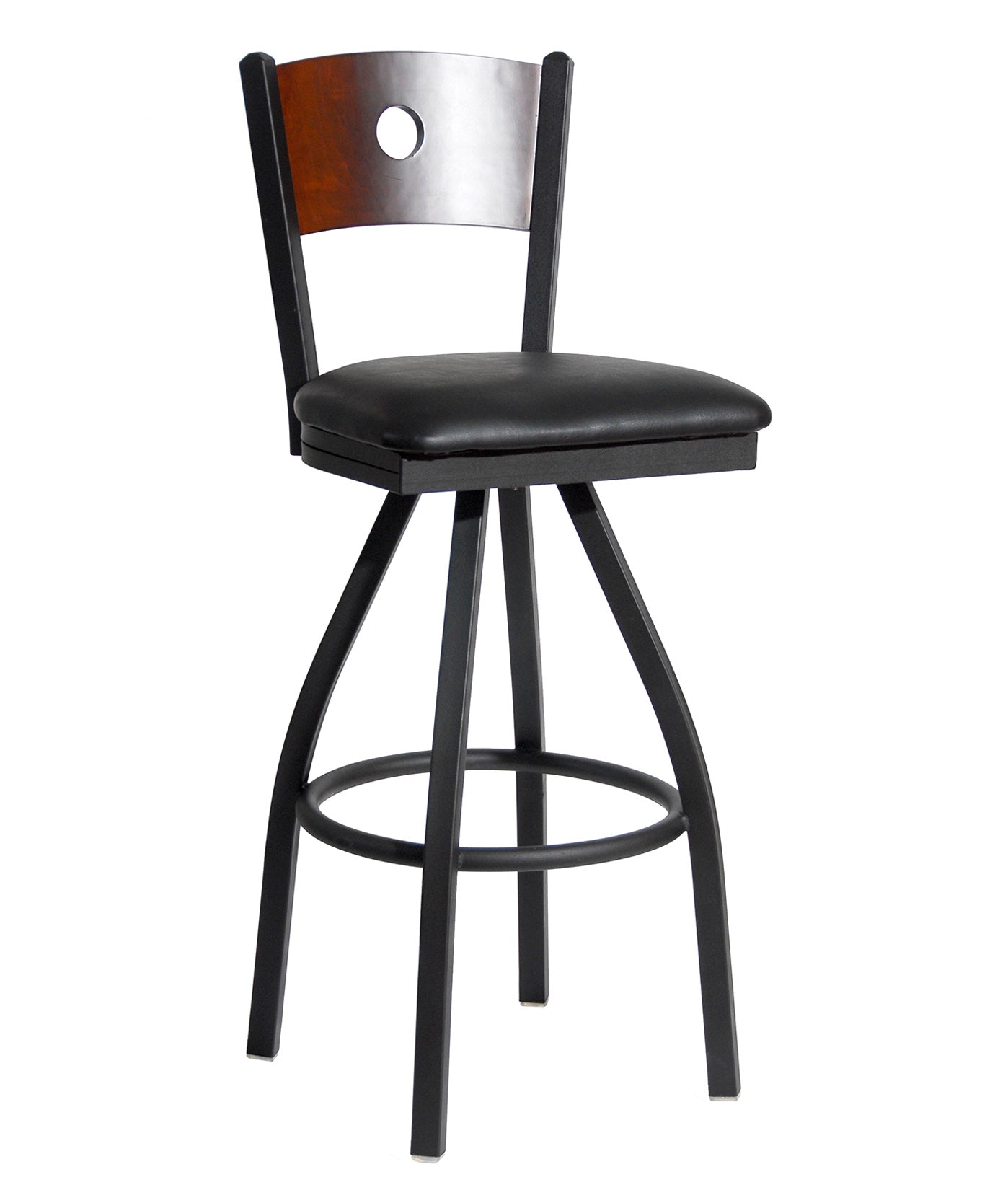 BFM Seating Darby Circle Wood Back Swivel Barstool In Steel Frame And Sand Black Finish