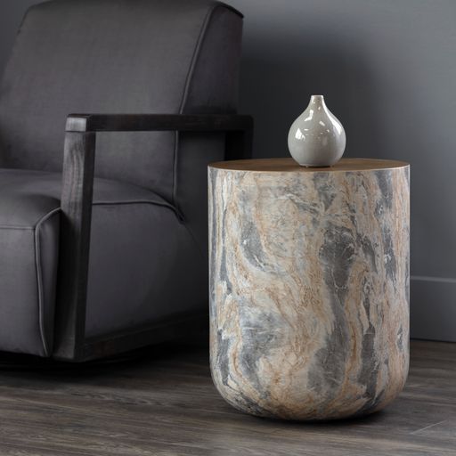Sunpan Diaz End Table in Grey-Wood Grain Brown / Marble-Look Antique Brass
