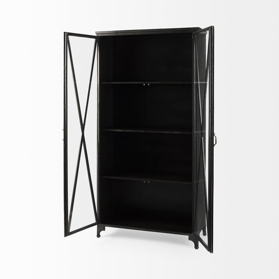 Mercana Poppy II 73.8" H Black Metal With Glass Door Display Cabinet