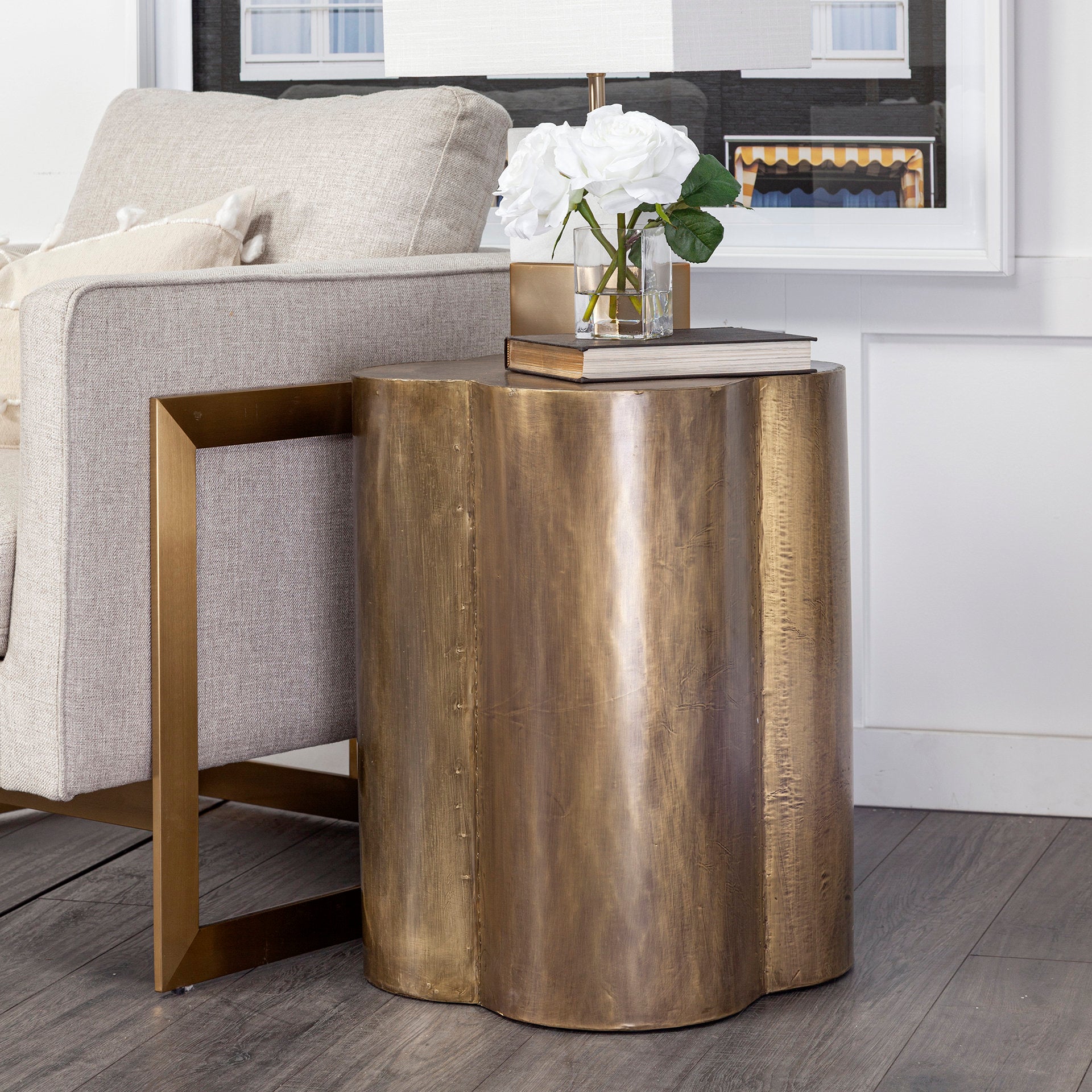 Mercana Quatrefoil 18L x 18W Gold Flower With Wooden Top Brass Cladding Accent Table