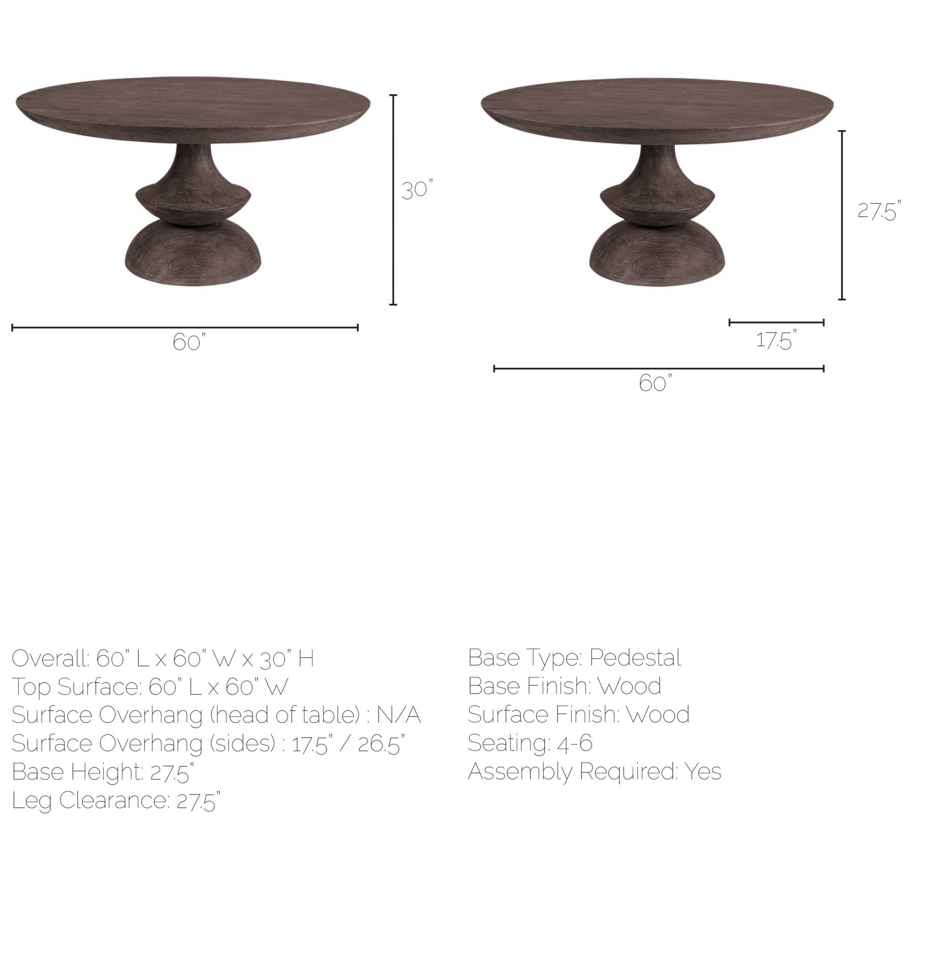 Mercana Crossman 60" Round Dark Brown/Gray Solid Wood Table Top and Base Dining Table