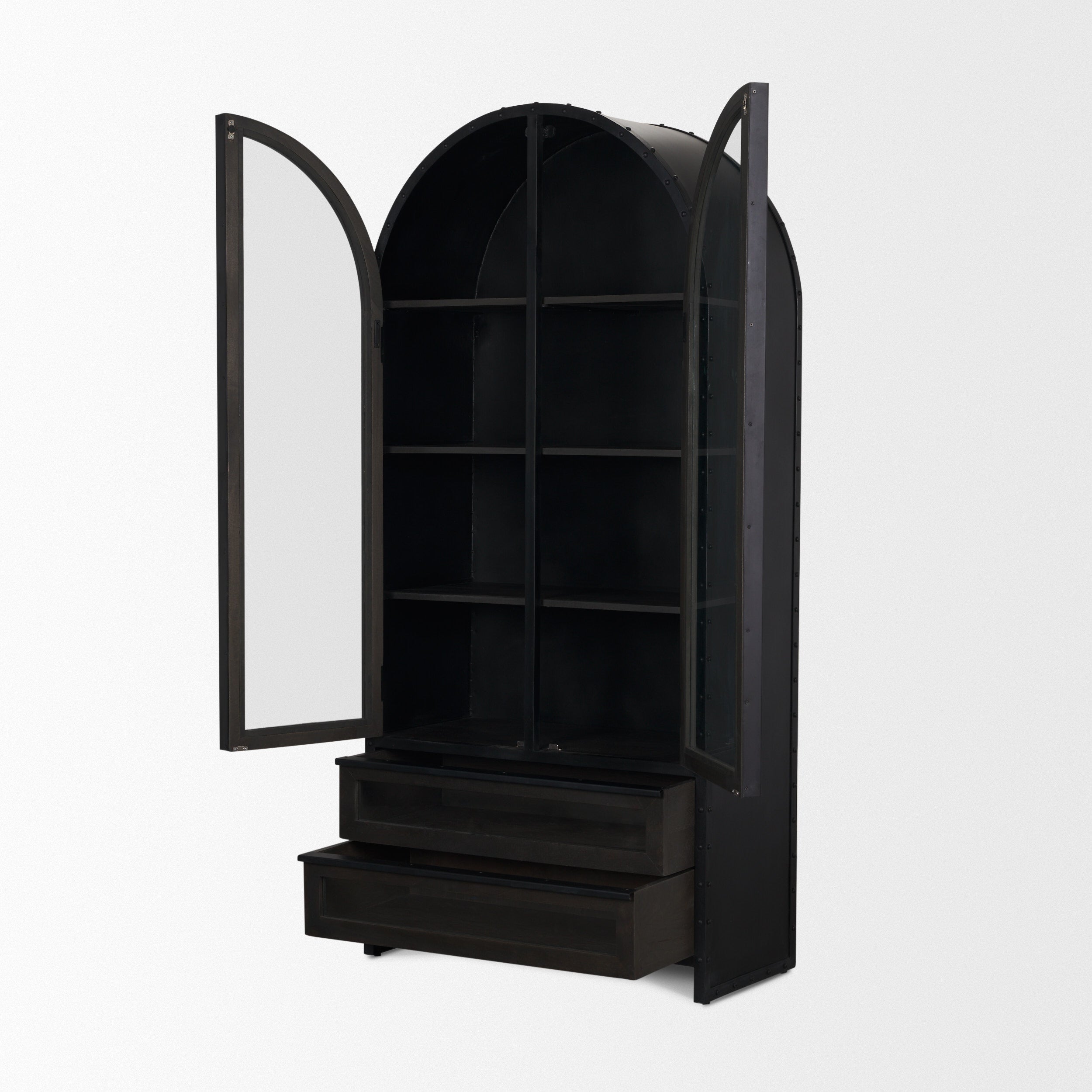 Mercana Gehry 72.3" H Dark Brown Metal Brown Wood and Glass Door Display Cabinet