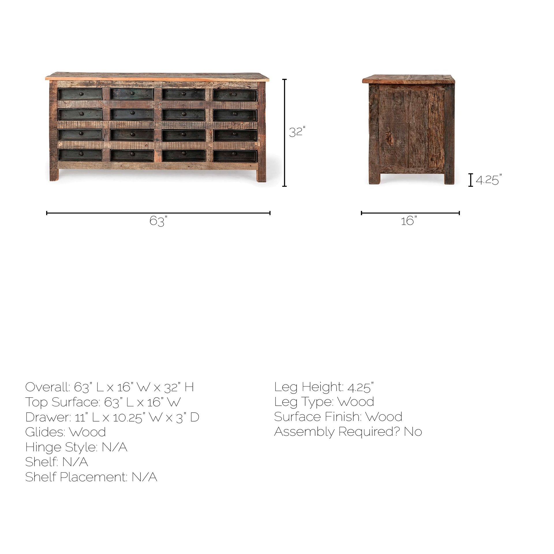 Mercana Wilton I 63x16 Reclaimed Wood and Metal 16 Drawer Sideboard