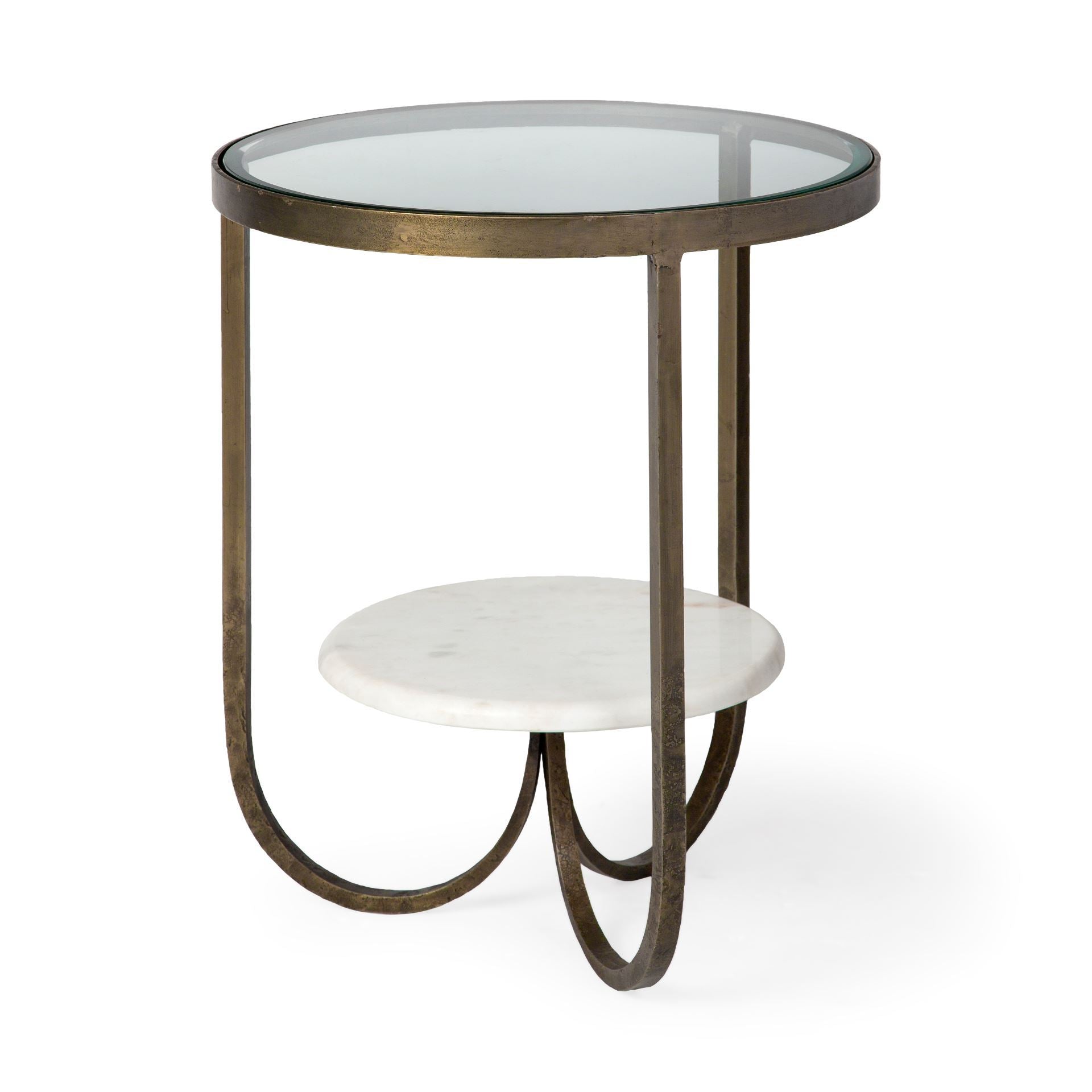 Mercana Reinhardt II 20" Round Glass Top Metal and Marble Detail End/Side Table