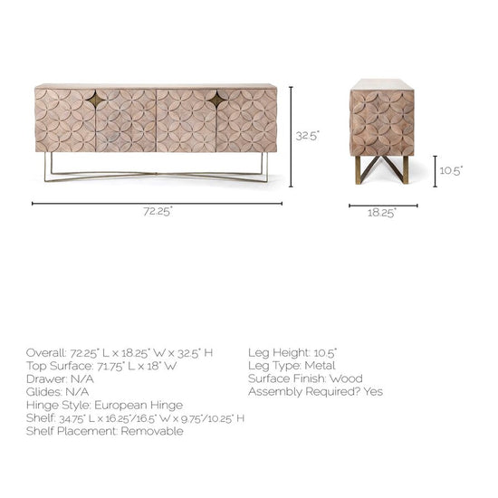 Mercana Excelsior I Solid Wood Gold Metal Base 4 Cabinet Door SideBoard