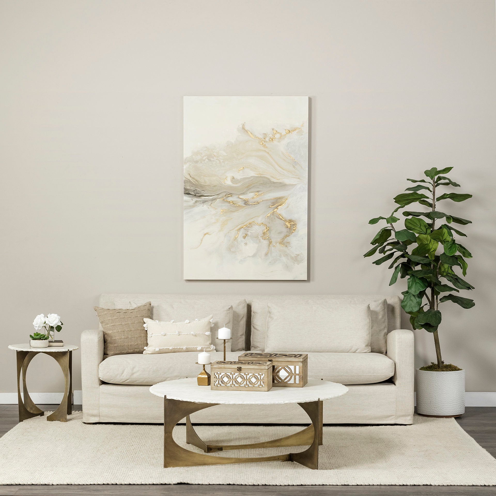 Mercana Reinhold 49" Round White Marble Top Gold Metal Base Coffee Table