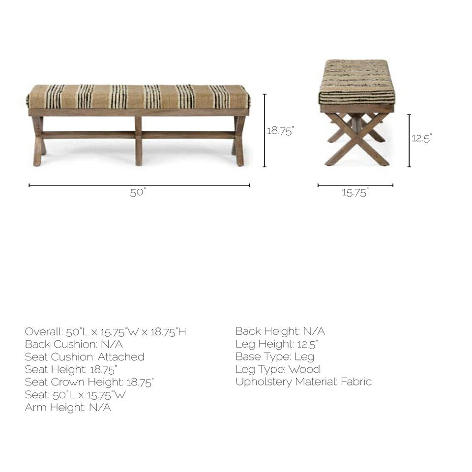 Mercana Solis 50L x 16W Brown Base Upholstered Beige/Black Stripe Seat Accent Bench