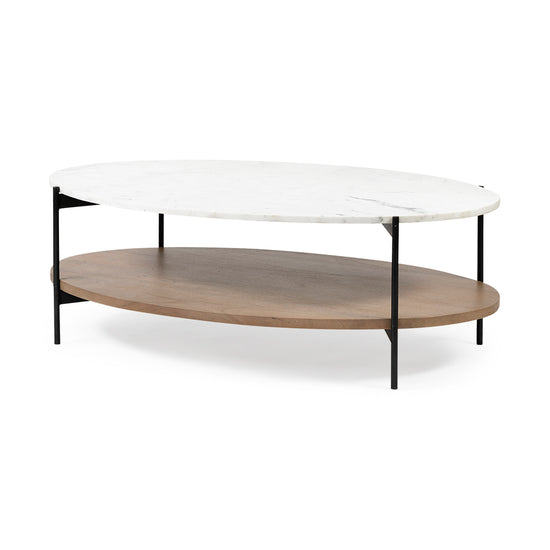 Mercana Larkin 48" Oval White Marble Top and Solid Wood Shelf With Black Metal Frame Coffee Table
