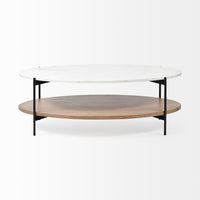 Mercana Larkin 48" Oval White Marble Top and Solid Wood Shelf With Black Metal Frame Coffee Table