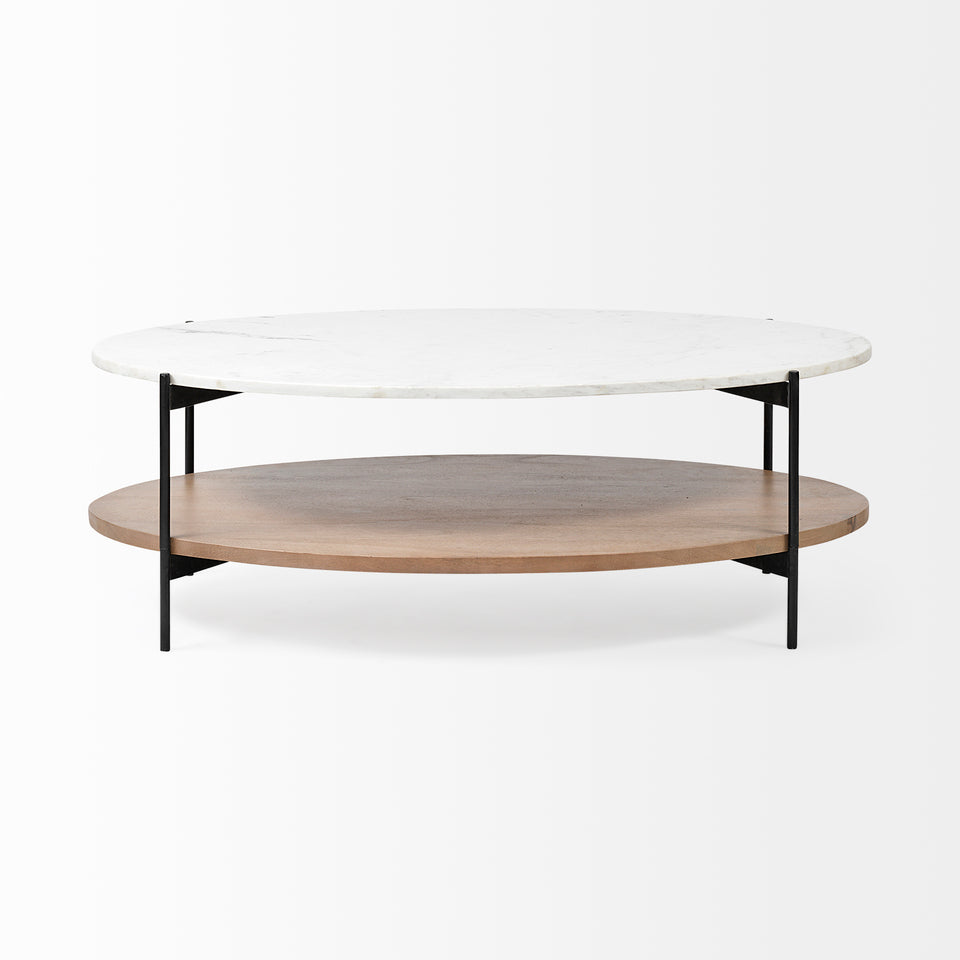 Mercana Larkin 48" Oval White Marble Top and Solid Wood Shelf With Black Metal Frame Coffee Table