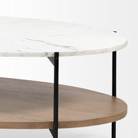 Mercana Larkin 48" Oval White Marble Top and Solid Wood Shelf With Black Metal Frame Coffee Table