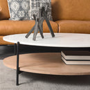 Mercana Larkin 48" Oval White Marble Top and Solid Wood Shelf With Black Metal Frame Coffee Table