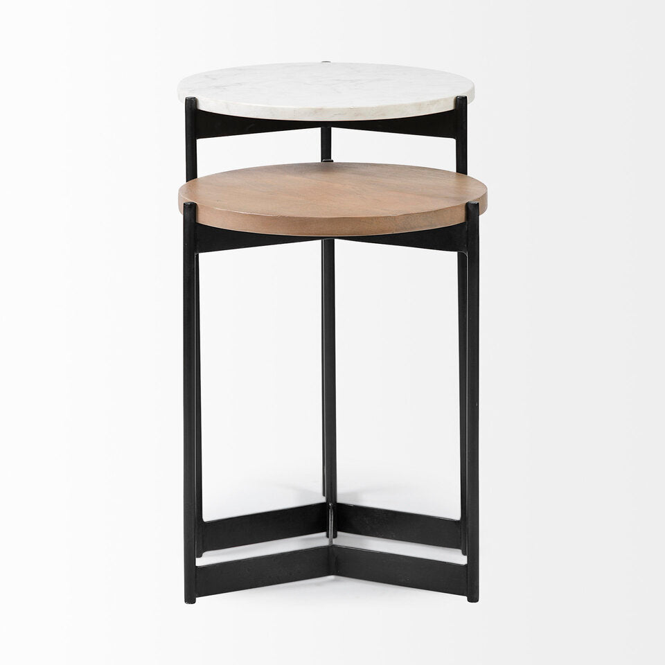 Mercana Larkin II Marble and Medium Brown Wood Round Tabletop Nesting End/Side Tables