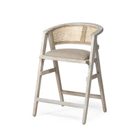 Mercana Tabitha 26.75" Seat Height Beige Fabric/Rattan Seat Blonde Wood Frame Counter Stool