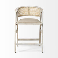 Mercana Tabitha 26.75" Seat Height Beige Fabric/Rattan Seat Blonde Wood Frame Counter Stool
